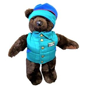 Vintage 18" LL Bean Brown Bear With Green/Teal Puffer Vest and Hat Stuffed Plush